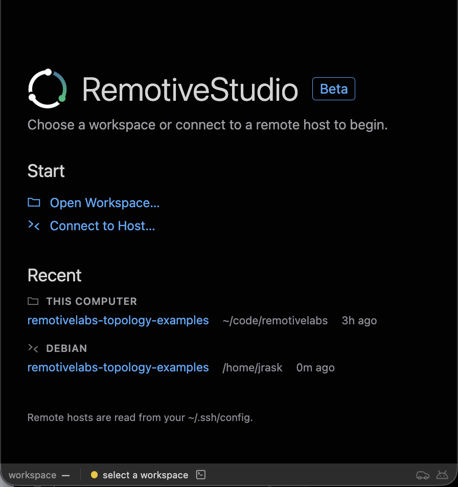 RemotiveStudio Desktop welcome screen with Start and Recent sections and a status bar