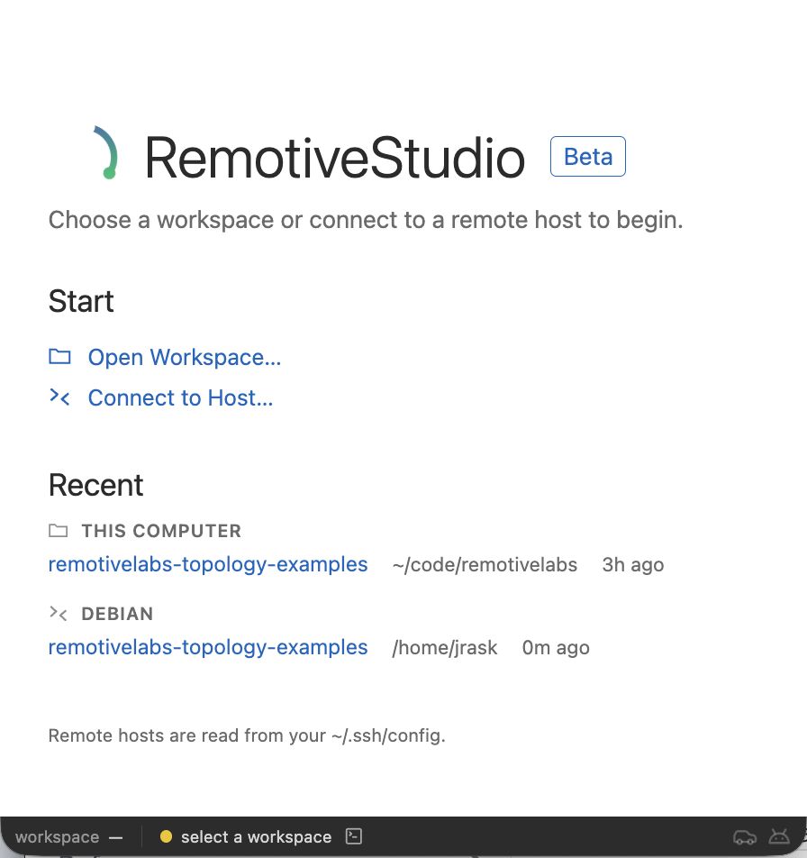 RemotiveStudio Desktop welcome screen with Start and Recent sections and a status bar